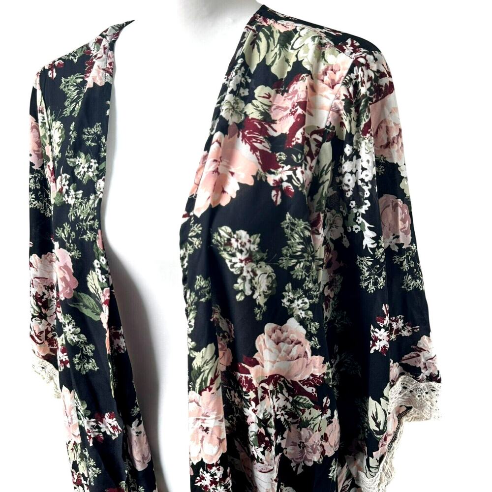 LIBERTY LOVE Women's 2XL Black Pink Floral Lace Open Cover Up Kaftan Kimono Boho